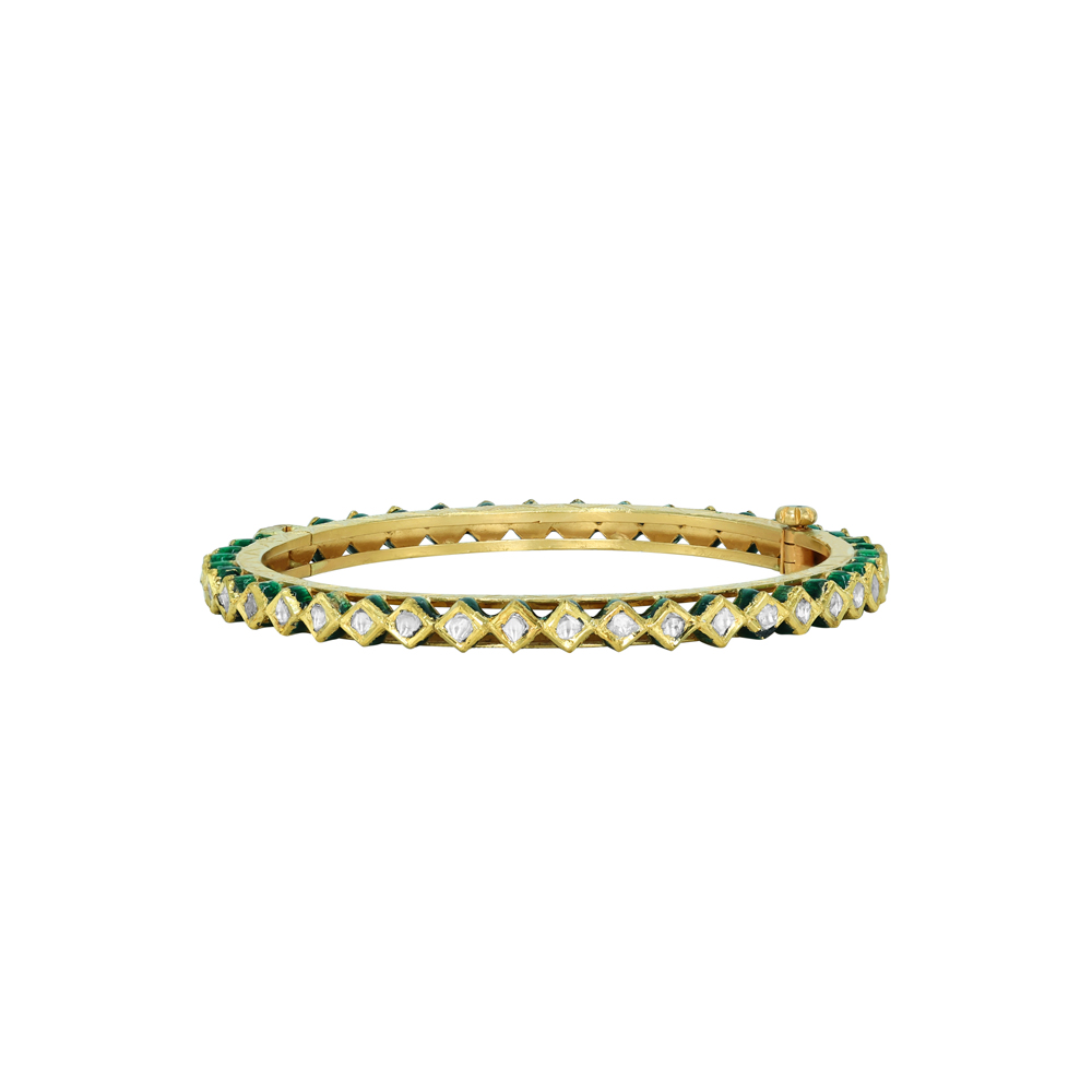 Geometric Gold Bangle with Green Enamel on Edge